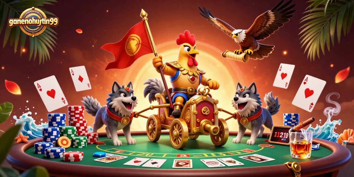 Experience the thrill of poker with gamenohuuytin99, showcasing a 3D rooster warlord amidst colorful chips and dynamic gameplay.
