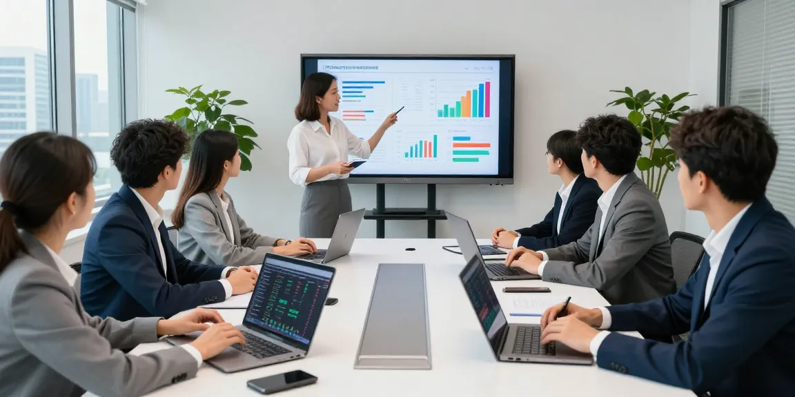 Team discussing data insights for demand validation startup in a modern conference room