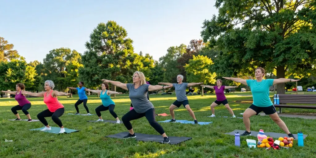 Group exercising outdoors to lose weight Canada, engaging in yoga and bodyweight exercises, capturing a lively and motivating atmosphere.