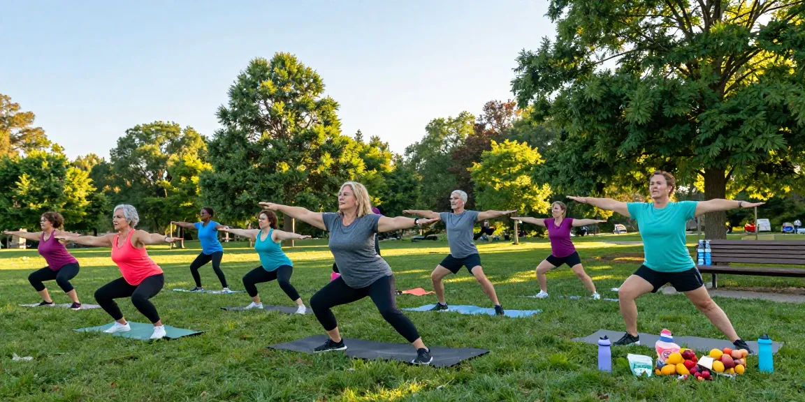 Group exercising outdoors to lose weight Canada, engaging in yoga and bodyweight exercises, capturing a lively and motivating atmosphere.