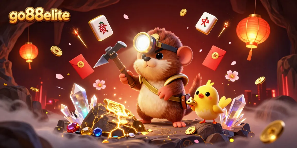 Engage with go88elite through an exciting scene of a treasure hunter mole exploring a cave filled with riches and festive gambling elements.