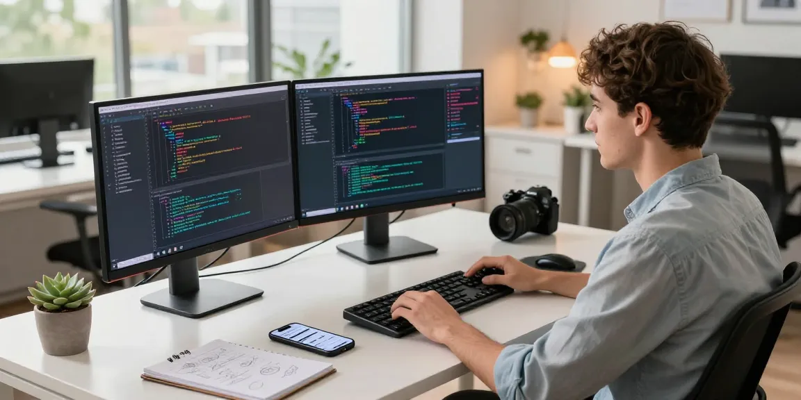 Dynamic tech workspace showcasing developer at dual monitors with bdtjl code, modern design elements, and natural lighting.