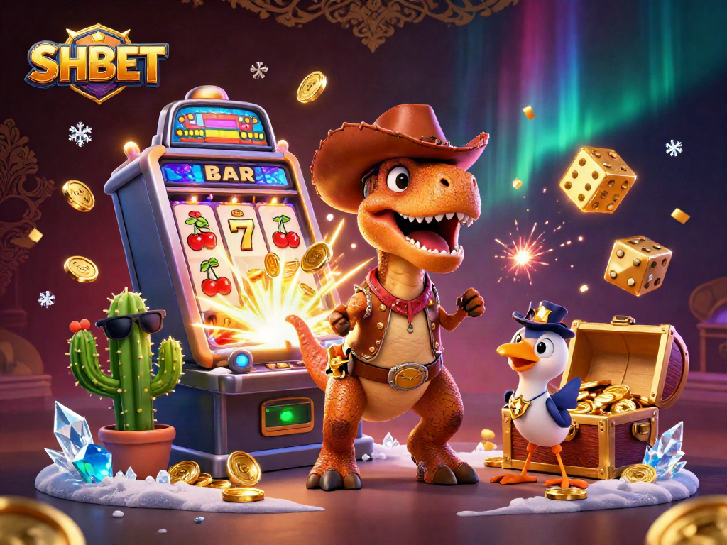 Experience excitement with SHBET's dynamic, colorful casino scene featuring adventurous characters.