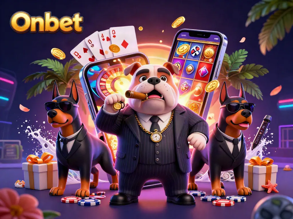 Engage with the dynamic Onbet casino scene featuring a cartoon mafia boss bulldog and classic gaming elements.