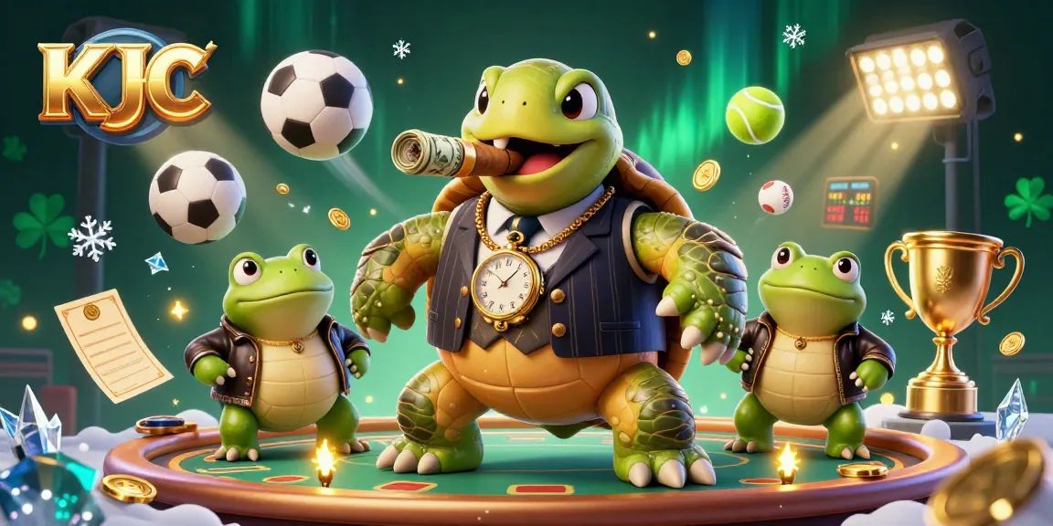 KJC showcases an exciting casino scene with a snapping turtle in a suit and sports elements flying around.