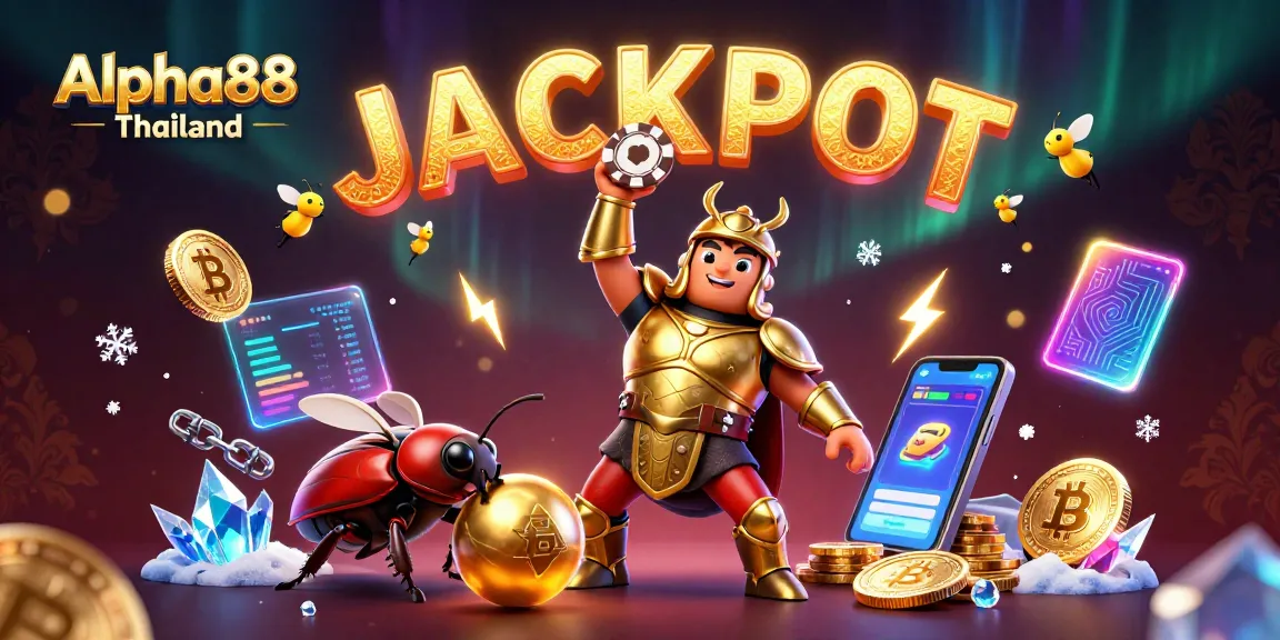 Experience vibrant gaming at Alpha88 Thailand with a victorious beetle champion lifting poker chips