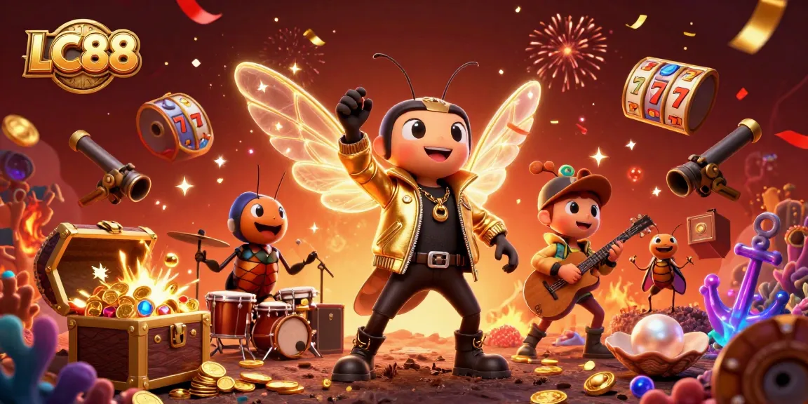 LC88 casino graphic showcasing a vibrant 3D cartoon scene of a rock star and games