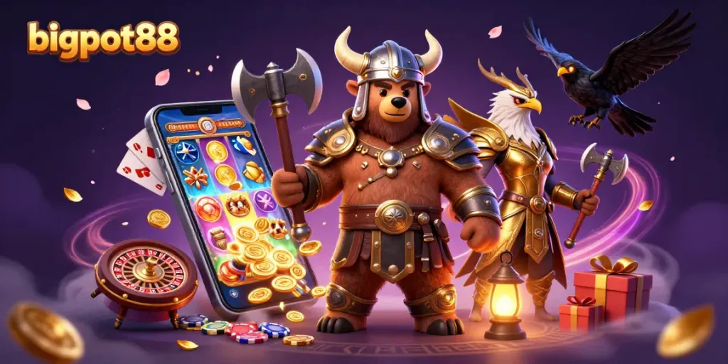 Permainan slot beruntun di bigpot88 dengan simbol keberuntungan dan karakter ikonik.
