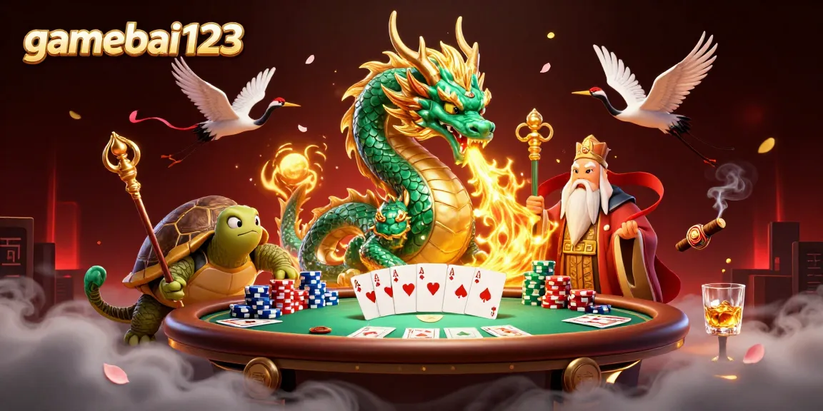 Experience the excitement of gamebai123 as a jade dragon and sage navigate a vibrant online casino scene.