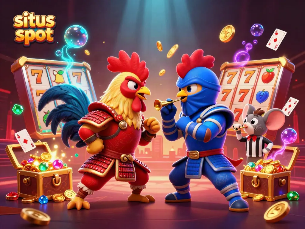 Menghadapi tantangan seru, situs slot menampilkan dua ayam pertarungan 3D dalam adegan dramatis.