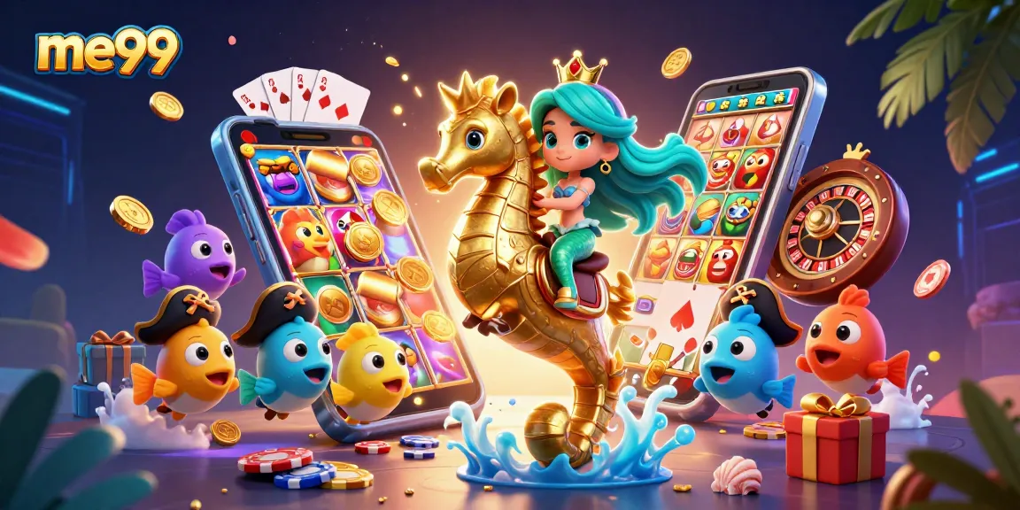 Experience the excitement of me99 with a vibrant 3D casino illustration featuring playful characters and game elements.