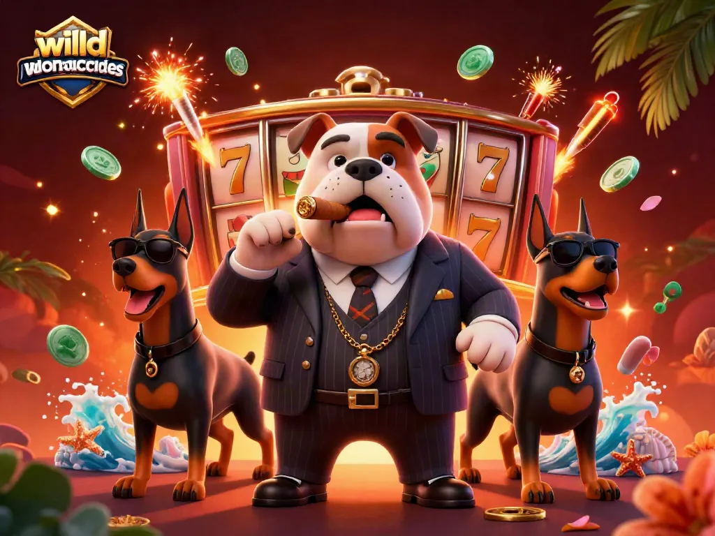 Engage with wildcasinobonuscodes in this vibrant casino-themed illustration featuring a mafia bulldog and his Doberman bodyguards.