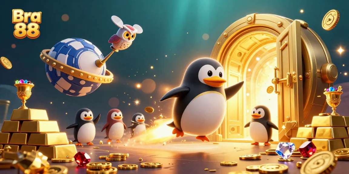 Experience thrilling gameplay with Bra 88 as a golden penguin triumphs in a casino galaxy.