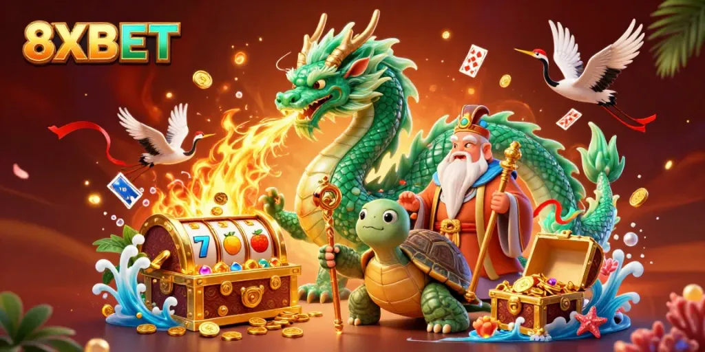 Win with 8XBET in this vibrant 3D scene featuring a jade dragon, turtle sage, and lucky cranes among treasure and slot machines.