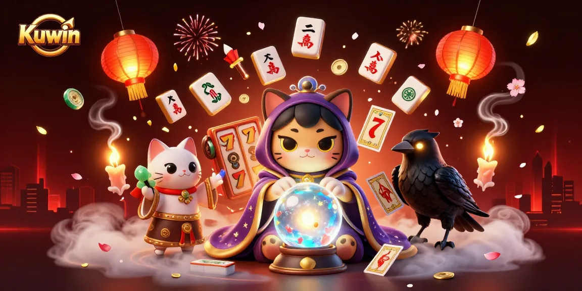 Kuwin mystic characters with enchanting elements, fireworks, and slot symbols create an immersive casino experience.