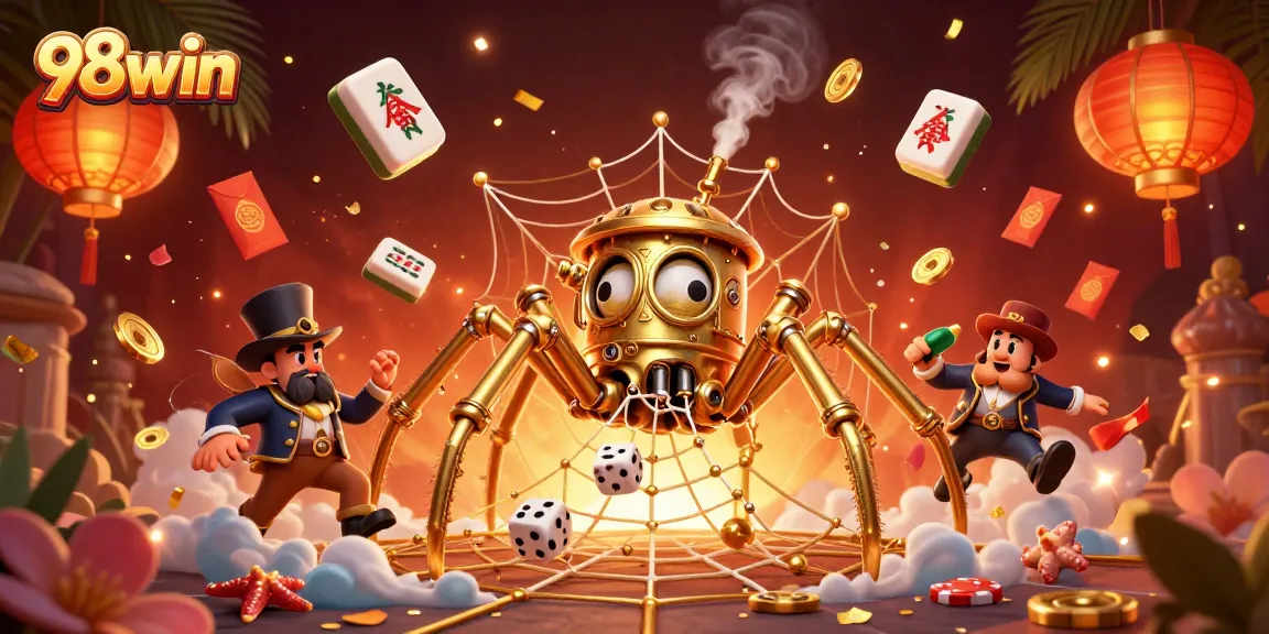 Marvel at 98win's vibrant gaming universe as luck strikes with golden chains and poker chips.