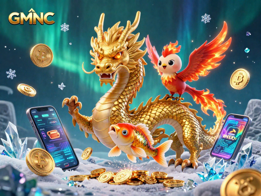 Experience the thrill of GMNC with vibrant 3D casino characters amidst crypto symbols and coins!