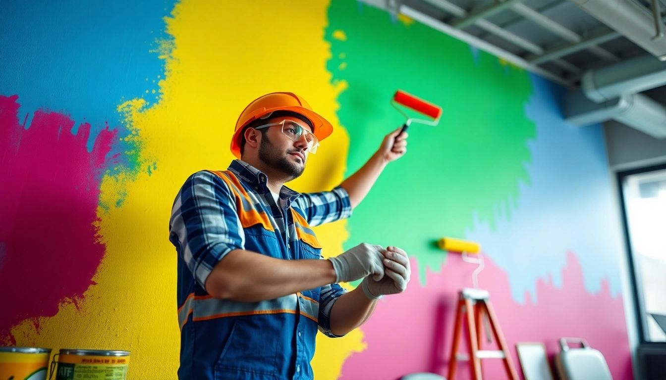 Commercial paint services expert applying vibrant paint in a professional setting.