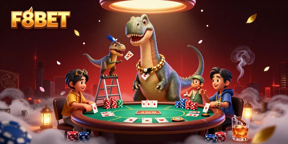 Engage with F8BET at a vibrant poker table in an ultra-detailed casino scene.