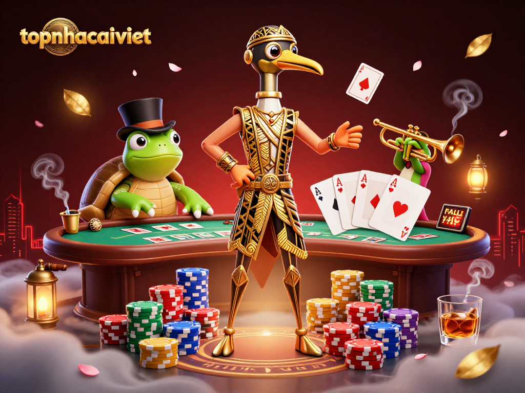 Engage with topnhacaiviet's vibrant casino scene showing a lively poker game with fun characters.
