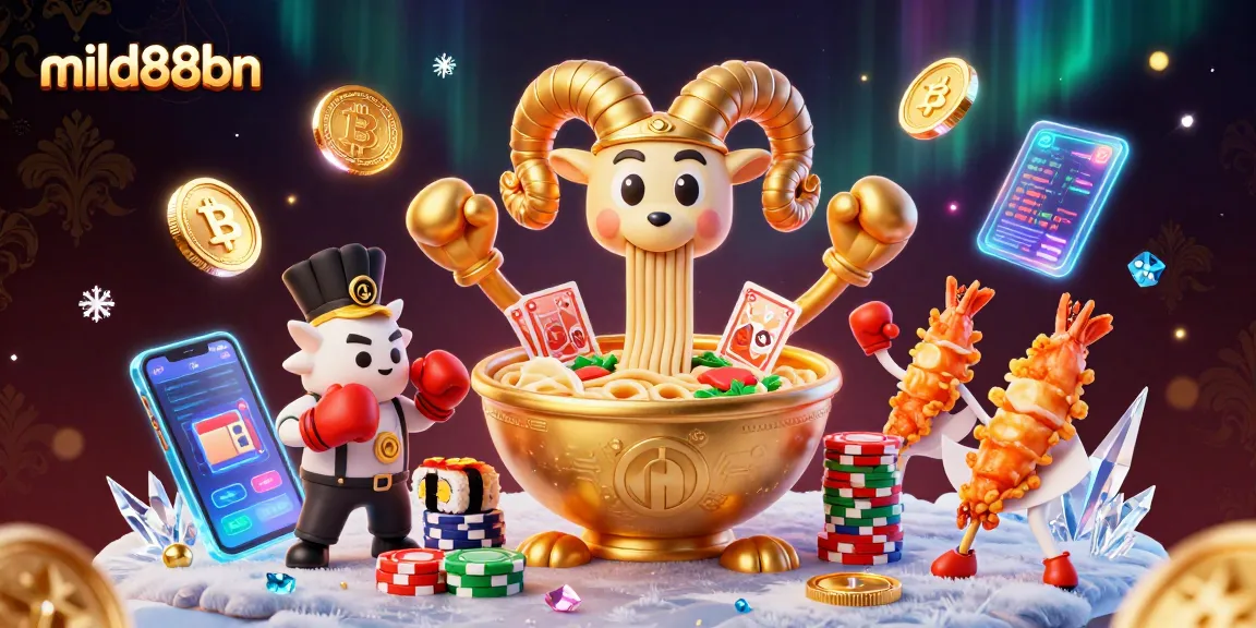 mild88bn brings vibrant casino action with a golden ramen bowl character stacking chips and dealing cards.