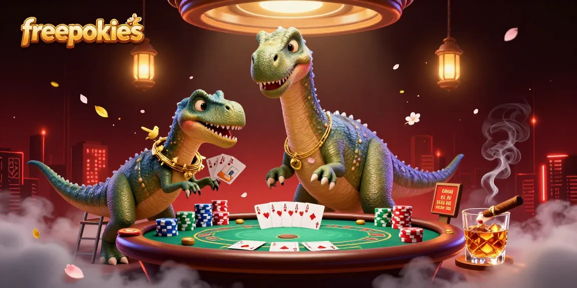 Engage with captivating freepokies gameplay as a brontosaurus oversees a poker game in a vibrant 3D illustration.