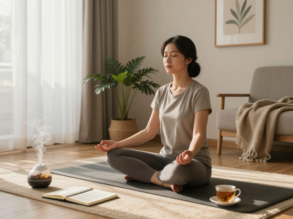 Mindfulness meditation scene featuring mantra88, peaceful individual practicing yoga in a serene home setting.