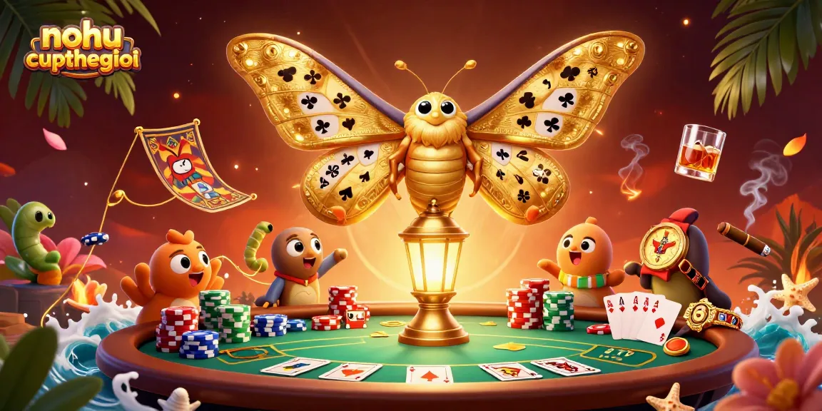 Nohu-cupthegioi showcases vibrant casino scenes with a golden atlas moth amidst poker excitement.