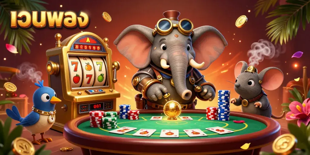 Engaging scene of a steampunk elephant engineer at a golden slot machine, showcasing เว็บตรง experience.