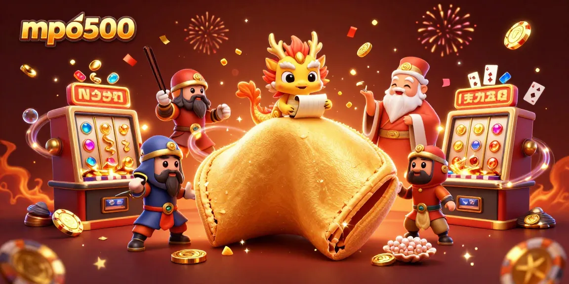 Play exciting games with MPO500: vibrant casino scene featuring colorful slot machines, golden coins, and playful characters.