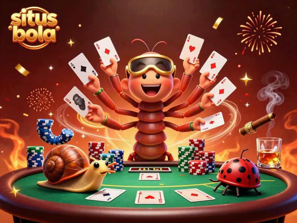 Join the excitement at situs bola with a whimsical cartoon dealer and high-roller characters.