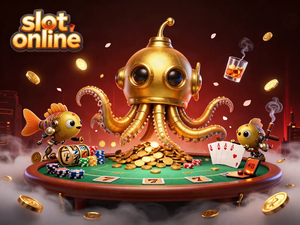 Play exciting slot online games with a vibrant illustrated kraken submarine and poker elements.