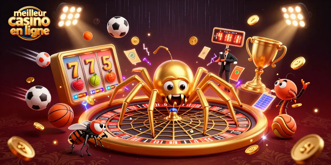 Placer des paris au meilleur casino en ligne avec une illustration 3D captivante d'une toile dorée et des personnages animés