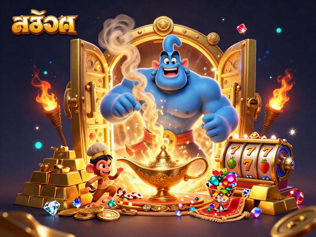 Spin and win with สล็อต gaming featuring a powerful blue genie and treasure elements.