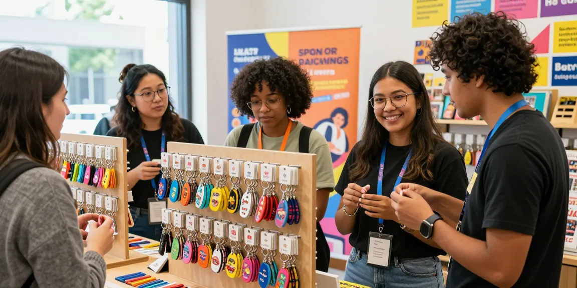 Engaging retail setting with diverse customers exploring personalised keychains in vibrant colours, showcasing custom merchandise.
