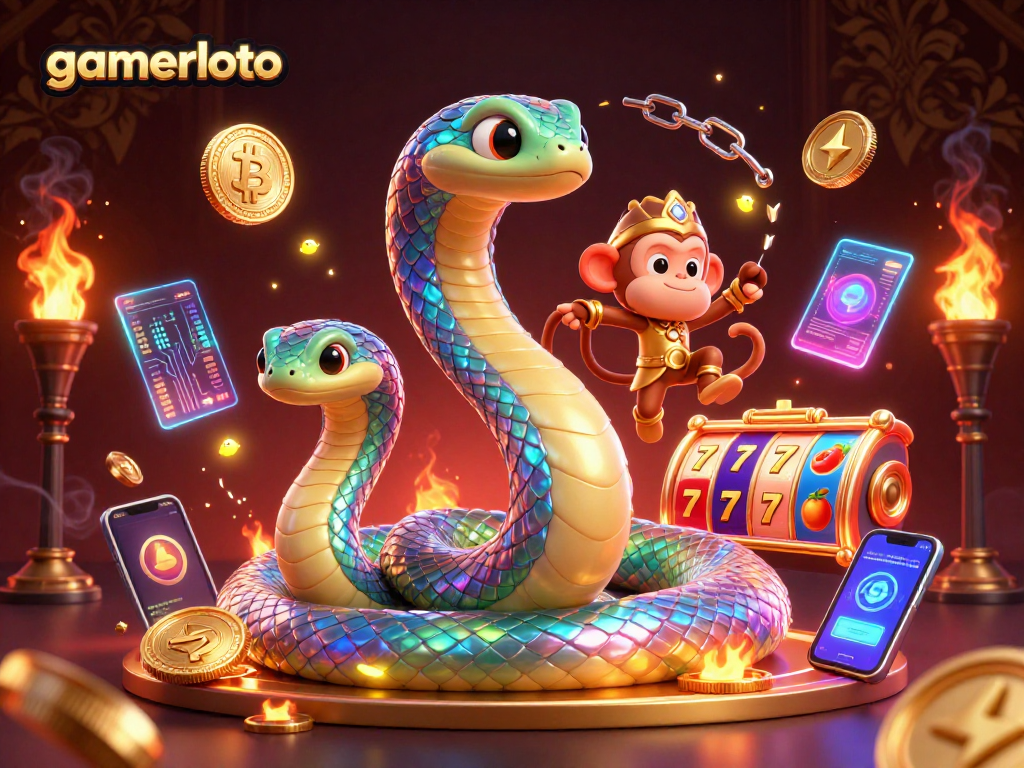 Experience gamerloto's vibrant slots scene with a colorful rainbow serpent and golden monkey king.