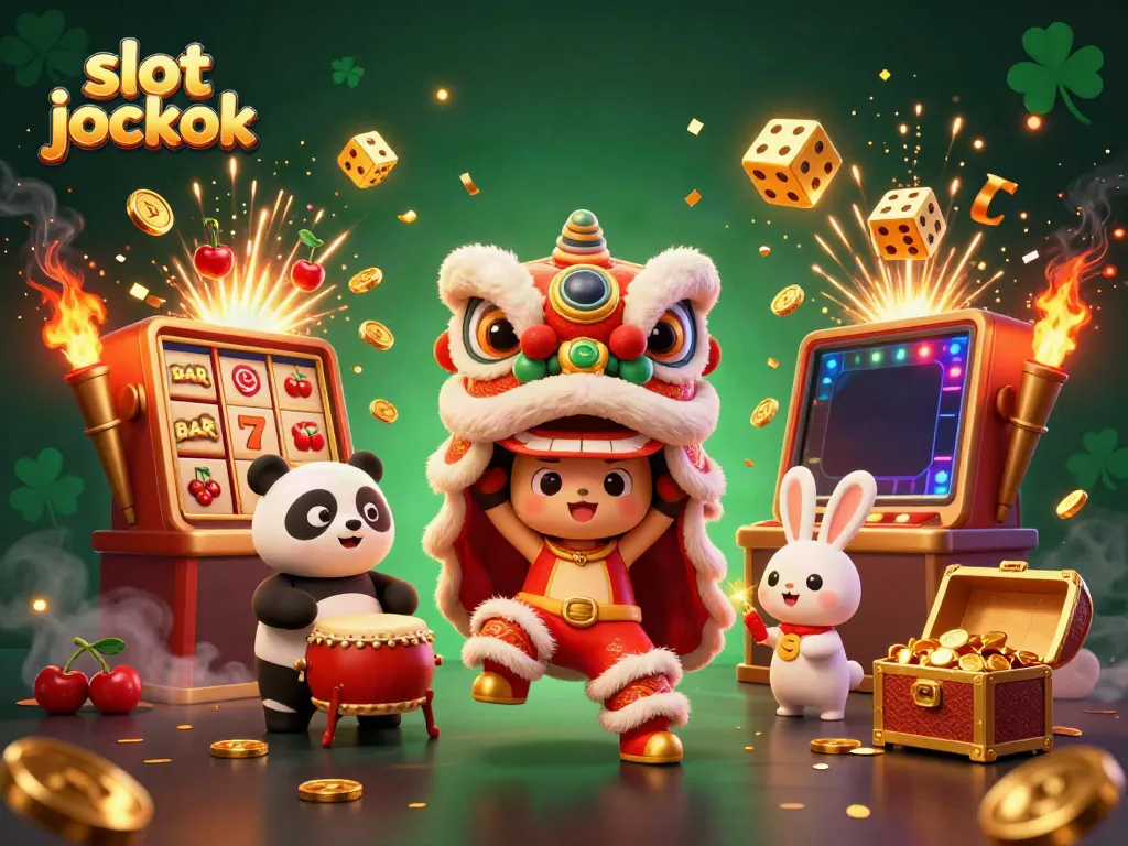 Experience the thrill of a slot jackpot with this vibrant illustration featuring a colorful lion dance and dynamic casino symbols.