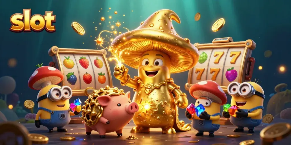 Menangkan slot dengan wizard emas yang mengubah segalanya menjadi emas dalam ilustrasi 3D yang kaya.