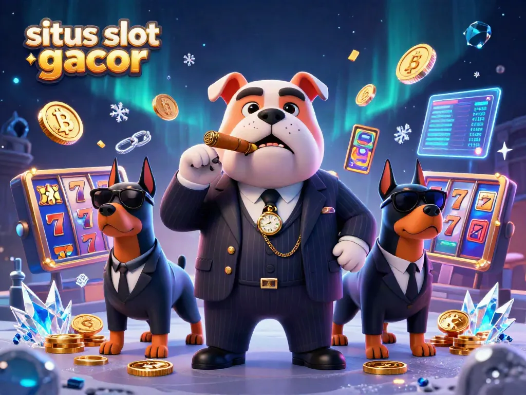 Experience the thrill at situs slot gacor with a stylish mafia bulldog and Doberman bodyguards amid vibrant slot reels.