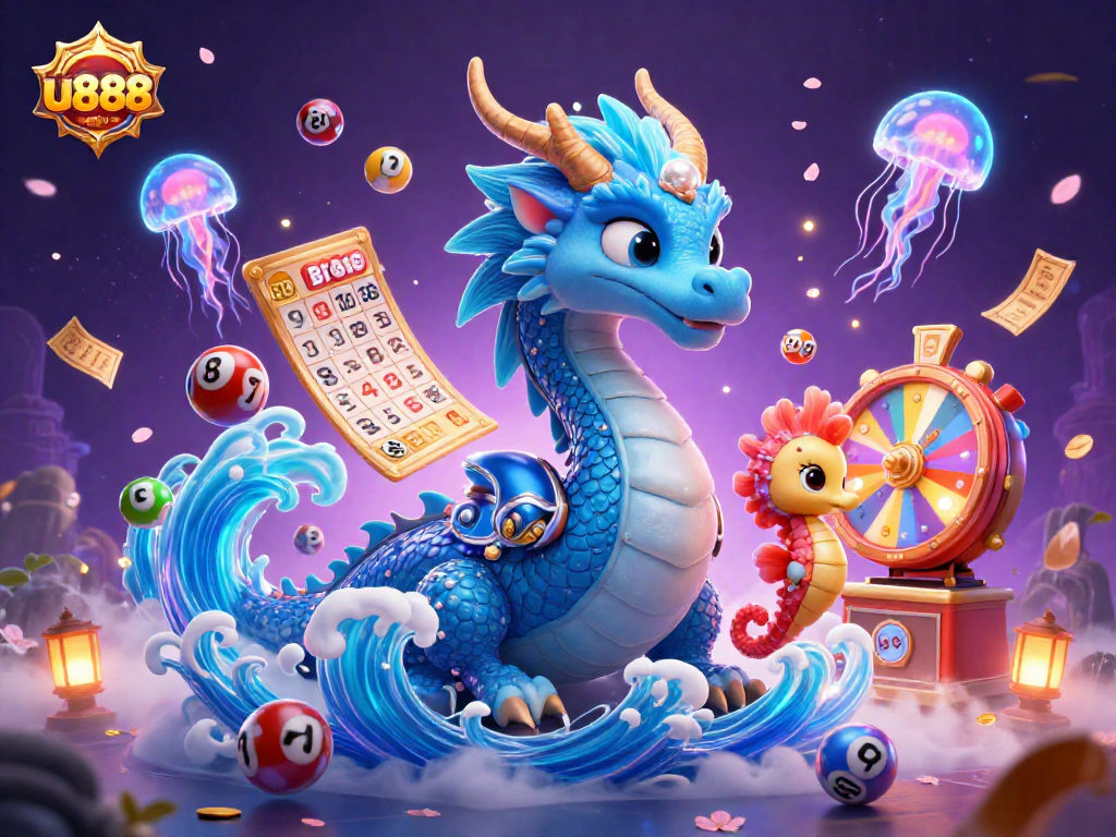 Experience thrilling fun at u888 with a vibrant 3D illustration showcasing a dragon, knight, and jellyfish amidst a lottery-themed backdrop.