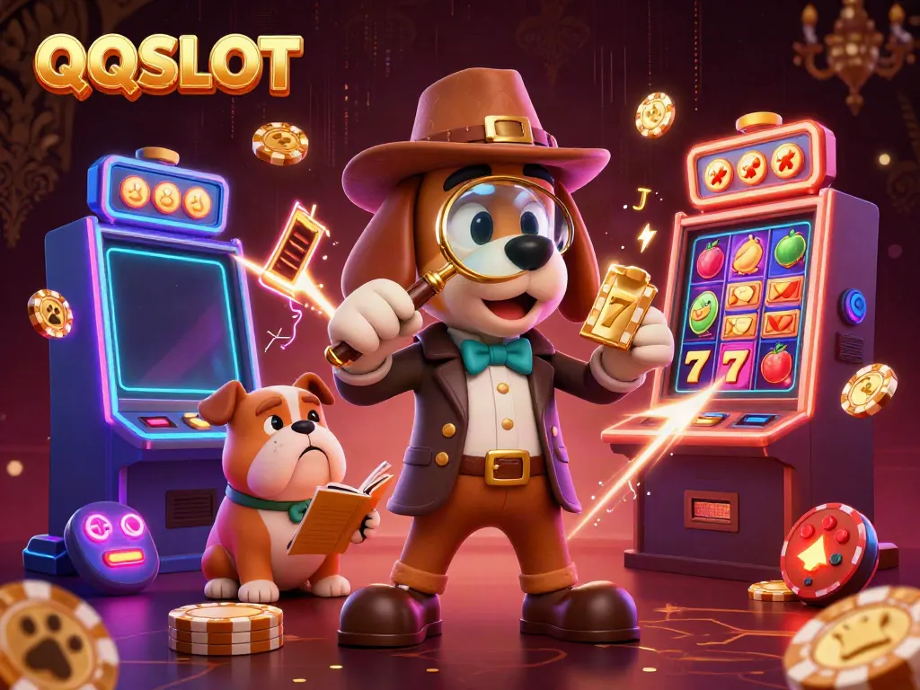 Engage with QQSLOT in this vibrant scene featuring cartoon detectives and slot machine clues.