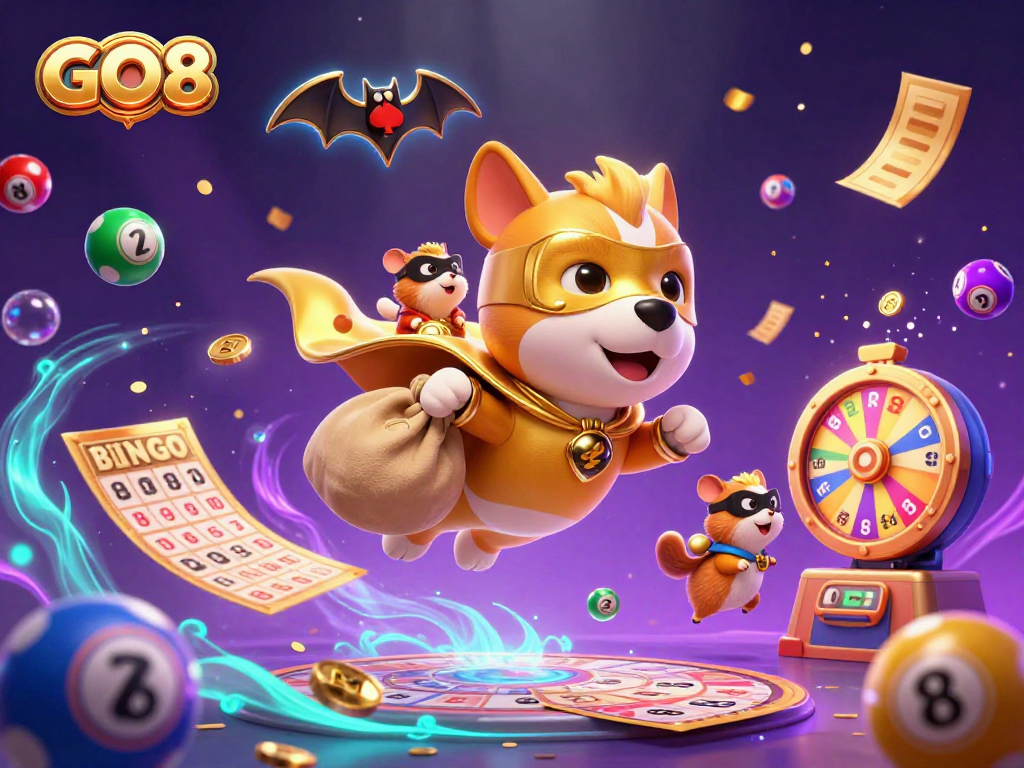 GO8 presents a vibrant 3D illustration showcasing a superhero dog and hamster in a dynamic casino scene.