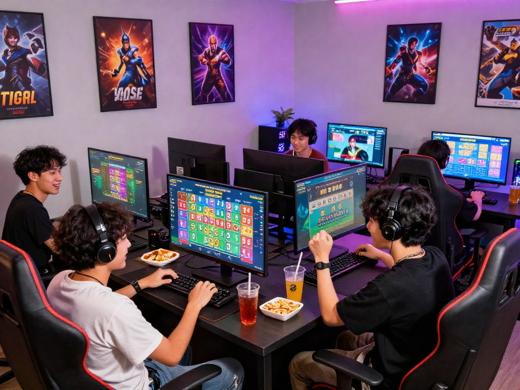 Engaging players celebrating wins in an interactive situs togel gaming environment with vibrant decorations and snacks.