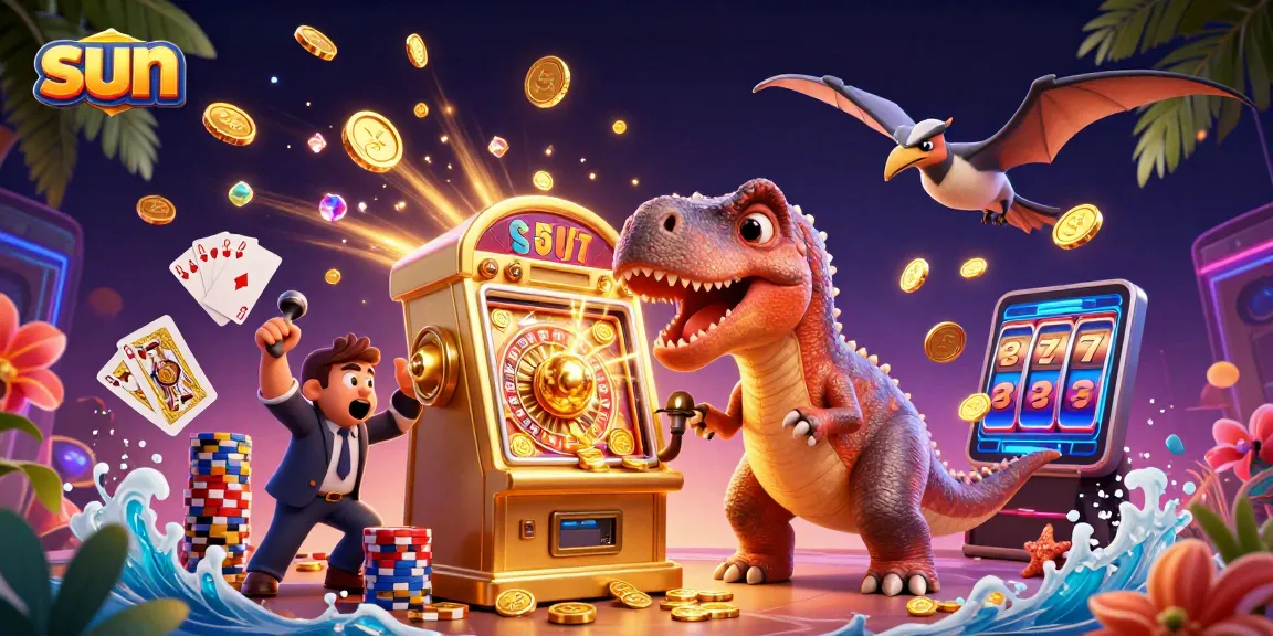 Action-packed sun-themed casino scene with dinosaurs and a slot machine jackpot.