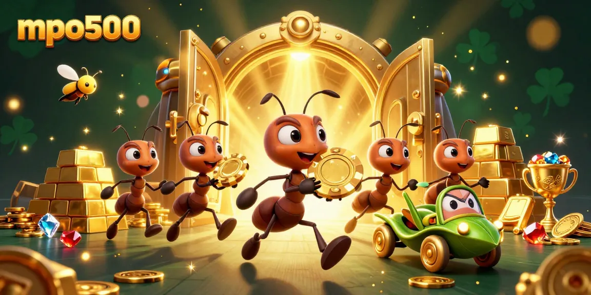 Engage with mpo500 to discover a thrilling illustration of a heist with cheerful ants and a gold poker chip.