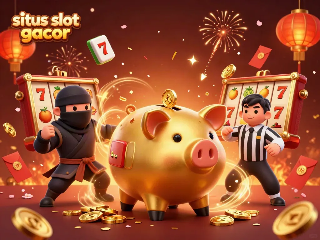 Experience the excitement of situs slot gacor with dynamic 3D illustration of a sumo wrestler and themed casino elements.