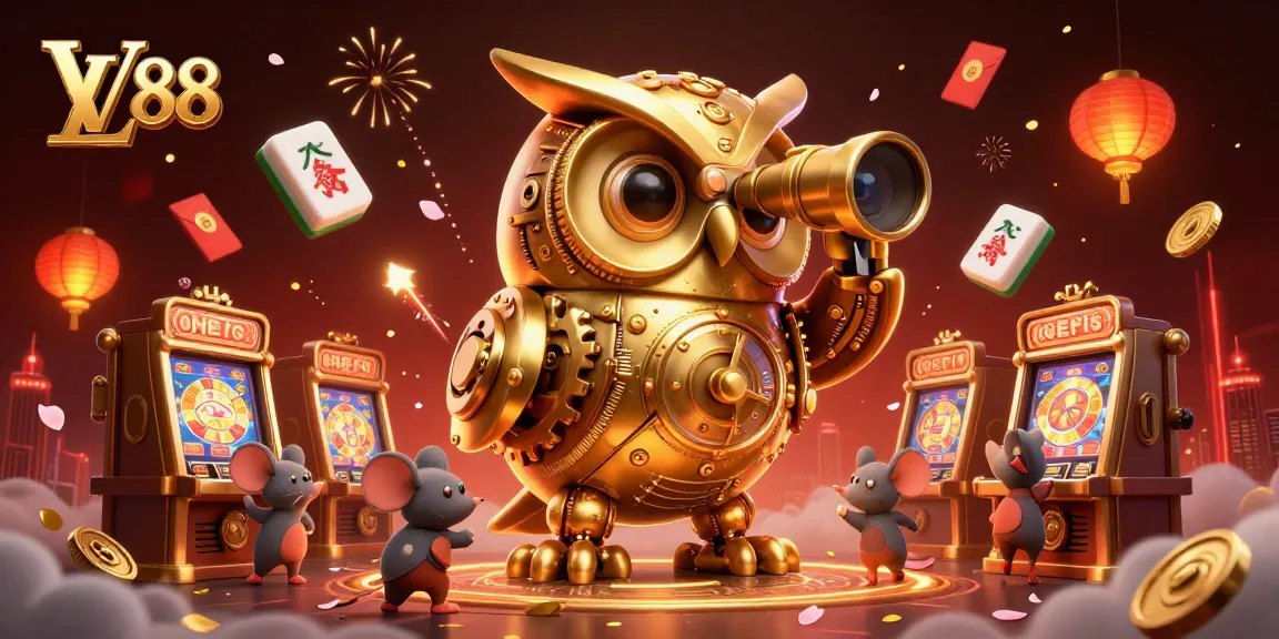 Experience the excitement of LV 88 with golden owl and mouse patrons amidst vibrant casino elements.