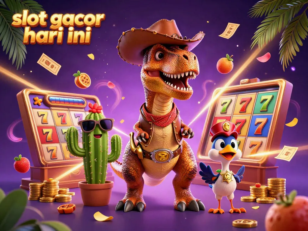 Engaging scene depicting slot gacor hari ini with a T-Rex cowboy, cactus sidekick, and festive game elements.