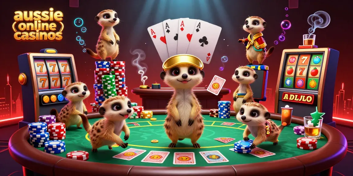 Aussie online casinos featuring a vibrant meerkat casino scene with games and excitement.