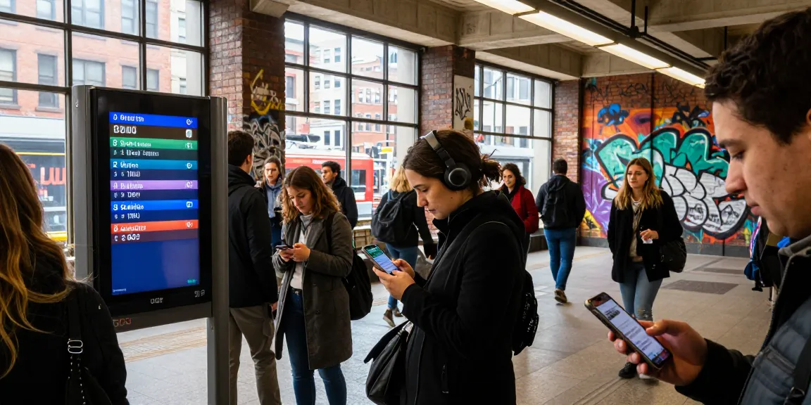 Live train tracker interface at busy subway station with commuters